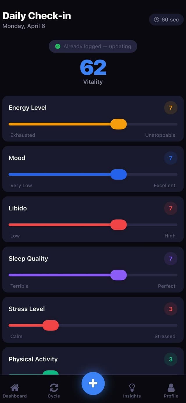 Daily check-in with energy, mood, libido sliders