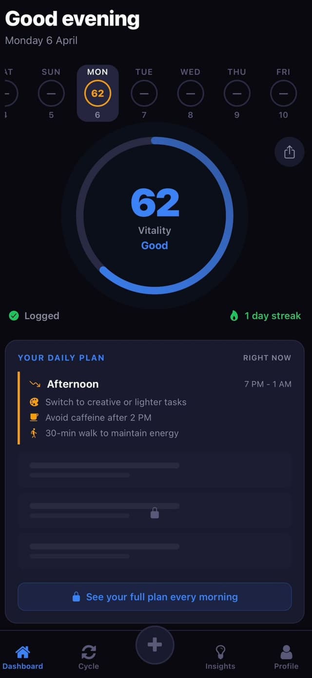Flux app dashboard showing Vitality Score and daily plan